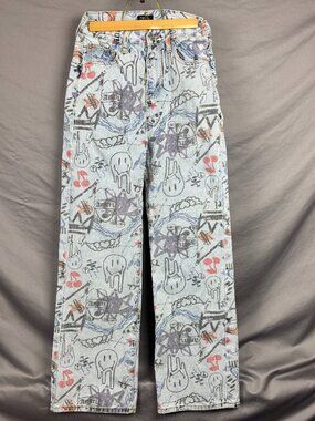 Rue21 Womens 4 Y2K Graffiti Print Jeans Skater Wide Leg Streetwear Denim
